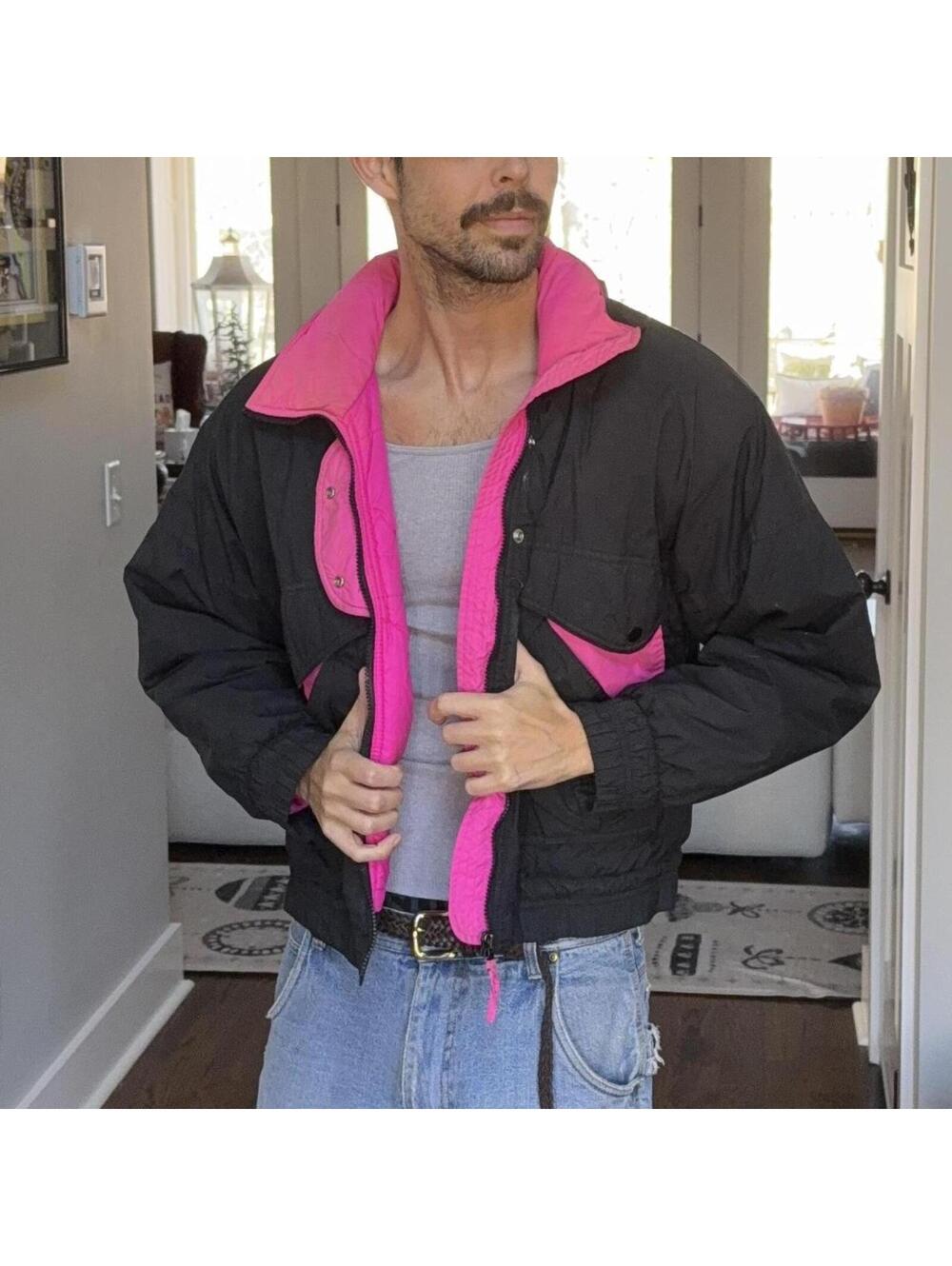 🖤 Vintage Roewik Neon Ski Puffer Jacket — Black & Hot Pink Colorblock (M)
